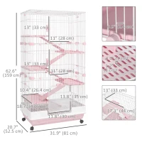 PawHut 32"L 6-Level Small Animal Cage with Universal Lockable Wheels, Pink(m-3)