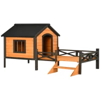 PawHut Outdoor Dog House with Porch, Wooden Dog Kennel with Water-resistant Asphalt Roof, Ladders, Fencing, Window, for Small and Medium Dog, Natural(m-11)