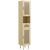HOMCOM Tall Bathroom Cabinet with Rattan Doors, Freestanding Bathroom Storage Cabinet with Adjustable Shelves, Distressed Oak(m-11)