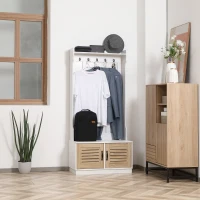 HOMCOM Modern Hall Tree, Entryway Coat Rack with Shoe Bench, 5 Hooks, Storage Shelf and Slatted Door Cabinet for Hallway, White(m-8)