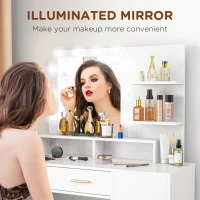 HOMCOM Illuminated Dressing Table Set, LED Vanity Table Set with Stool, LED Mirror, Drawer and Cabinet Shelves for Bedroom(m-4)