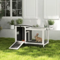PawHut Wooden Rabbit Hutch with Pull-Out Tray, Asphalt Openable Roof, Small Animal Cage on Wheels with Run, Grey(m-8)