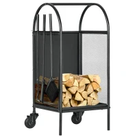 Outsunny 15" Outdoor Firewood Rack with Wheels and Tools, Heavy Duty Wood Storage Stacker, Indoor Outdoor Log Rack, Black(m-11)