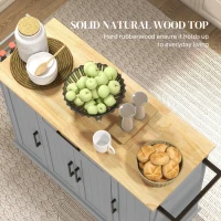 HOMCOM Modern Rolling Kitchen Island Cart with Drawers, Natural Wood Top, Towel Rack, Door Storage Cabinet, Grey(m-5)