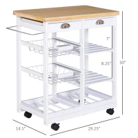 HOMCOM Rolling Kitchen Island Trolley Serving Cart Wheeled Storage Cabinet w/ Basket Shelves and Drawers White(m-3)