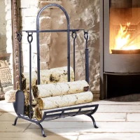 Outsunny Indoor Outdoor Firewood Rack with 4 Tools, elevated base Steel Power Coated Construction Fire Wood Storage Stacking Set, Black(m-8)