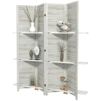 HOMCOM 4 Panel 67" Tall Wood Privacy Screen Room Divider with 3 Shelves and Folding Storage for Bedroom, Distressed White(m-1)