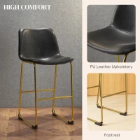 HOMCOM Bar Height Stools Set of 2, PU Leather Upholstered Stools for Kitchen Island, Modern Bar Chairs, Dark Grey(m-5)