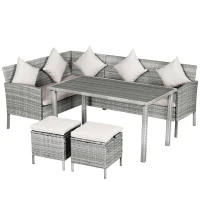 Outsunny 5 Pieces Wicker Patio Conversation Dining Furniture Set with Cushions, Table and Ottomans, Beige(m-12)