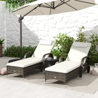 Outsunny 2 Reclining Chaise Lounge Chairs, Rolling Outdoor Chairs with Cushion, Pillow, Headrest, Armrests, and Wheels, Cream(m-10)