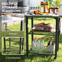 Outsunny 3-Shelf Outdoor Grill Cart Table with Stainless Steel Top, Hooks, Pizza Oven Stand on Wheels(m-5)
