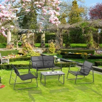 Outsunny 4 PCs Patio Furniture Set with Texteline Seat Outdoor Conversation Set with Loveseat, Center Coffee Table for Garden Backyard Deck, Black(m-1)