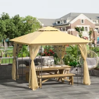 Outsunny 10' x 10' Metal Patio Gazebo, Double Roof Outdoor Gazebo Canopy Shelter with Tree Motifs Corner Frame and Netting, for Garden, Lawn, Backyard, and Deck, Beige(m-2)