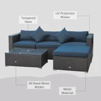 Outsunny 5-Piece Patio Furniture Set with Cushions, Outdoor PE Rattan Wicker Sofa Set, Sectional Furniture with Pillows, Glass Coffee Table for Garden, Backyard, Coffee/Blue(m-4)