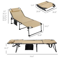 Outsunny Folding Chaise Tanning Lounge Chair w/ 5-level Reclining Back, Reading Hole, Side Pocket, Headrest, Beige(m-3)