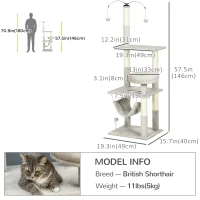 PawHut 57.5" Cat Tree for Indoor Cats with Scratching Posts, Cat Condo with Hammock, Bed, Toys, Grey(m-3)