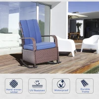 Outsunny Outdoor Wicker Rocking Chair with Cushion, Patio PE Rattan Recliner Chair with Adjustable Footrest, Armrests, Dark Blue(m-4)