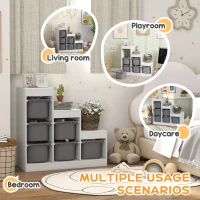 Qaba 3 Layers Toy Storage Organizer Kids Bookshelf Children Toy Storage w/ 6 Plastic Bins, Grey(m-5)