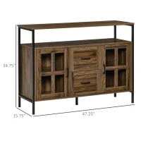 HOMCOM Industrial Sideboard Buffet Cabinet, Coffee Bar Cabinet with Adjustable Shelves, Glass Doors, and 2 Drawers for Kitchen, Living Room, Brown(m-3)