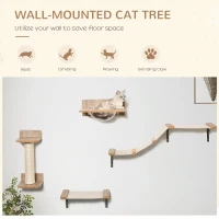 PawHut Indoor Cat Activity Tree 4-Piece Set, Mounted Pet Climbing Perches, Kitten Center with Feeding Station, Hammock Stairs, Scratching Post, Jumping Platform, Beige(m-4)