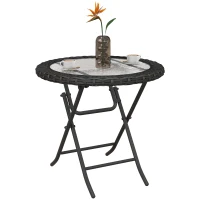 Outsunny Folding Round Tempered Glass Metal Table with Edging, Black(m-11)