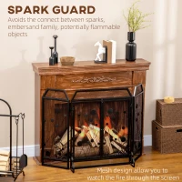 HOMCOM 3-Panel Metal Fireplace Mesh Screen Home Folded Steel Spark Protection with Magnetic Doors 49.25" x 31.5", Black(m-4)