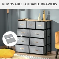 HOMCOM 9 Drawers Storage Chest Dresser Organizer Unit w/ Steel Frame, Wood Top, Easy Pull Fabric Bins, for Hallway, Closet, Entryway, Oak & Grey(m-6)