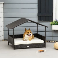 PawHut Elevated Rattan Dog House Outdoor with Canopy, Wicker Dog Bed with Water-Resistant Cushion, for Small and Medium Dogs Cream White(m-1)