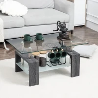 HOMCOM Rectangle Glass Coffee Table, 2-Tier Center Table with Tempered Glass Top and Storage Shelf for Living Room, Grey(m-8)