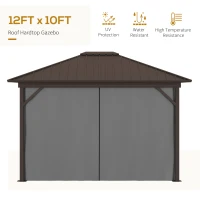 Outsunny 10' x 12' Hardtop Gazebo with Curtains and Netting, Permanent Pavilion Metal Single Roof Gazebo Canopy with Aluminum Frame and Hooks, for Garden, Patio, Backyard, Gray(m-5)