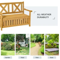 Outsunny Wooden Outdoor Storage Bench 2-Person Patio Bench with Louvered Side Panels and X-Shape Back for Garden, Patio, Yellow(m-7)