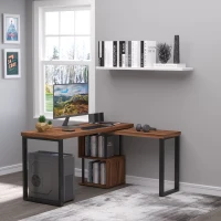 HOMCOM Corner Rotating L-Shaped Office Table Computer Desk with Storage Shelf Brown(m-1)