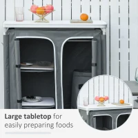 Outsunny Aluminum Camping Table, Camping Kitchen Station Cook Cupborad with 3-Shelf, Storage Organiser for BBQ Party Picnic Grey(m-4)