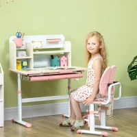 Qaba Kids Desk and Chair Set with Hand Crank, Tilted Desktop, Height Adjustable Student Writing Desk & Chair with Adaptive Seat Back, Footrest, Bookshelf, Drawer, Pen Holder, Pink(m-1)