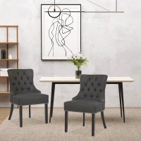 HOMCOM Swoop Air Linen Fabric Dining Chair Set of 2 with Nailhead Trim and Wood Legs, Dark Grey(m-1)