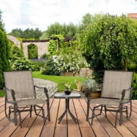 Outsunny 3 Piece Outdoor Glider Chair with Coffee Table Bistro Set, 2 Patio Rocking Swing Chairs with Breathable Sling Fabric, Glass Tabletop, for Backyard, Garden and Porch, Mixed Brown(m-10)