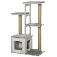 PawHut 45" Deluxe Plush Cat Tree Tower Activity Center Climbing Frame Kitten Play House with Jute Scratching Posts Condo Perch Cushion Grey(m-11)