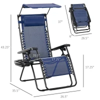 Outsunny 2 Piece Foldable Lounge Chair with Canopy Shade, Outdoor Zero Gravity Chair w/ Side Tray & Cup Holder, Reclining Lounger w/ Breathable Mesh Fabric Seat, Pillow, Blue(m-3)