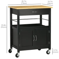 HOMCOM Kitchen Cart, Utility Trolley, Small Kitchen Island with Storage Drawer & Side Hooks for Dining Room, Black(m-3)