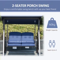 Outsunny 2-Person Patio Swing Bench with Adjustable Shade Canopy, Soft Cushions, Throw Pillows and Tray, Dark Blue(m-5)