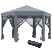 Outsunny 12.5' Pop Up Gazebo Hexagonal Canopy Tent Outdoor Shelter Pavilion Sun Protection with Mesh Sidewalls, Handy Bag, Dark Grey(m-2)