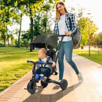 Qaba 3-in-1 Toddler Trike, Push Tricycle, & Balance Bike with Adjustable Settings, Toddler Push Bike, Baby Bike with Shady Canopy, Ages 1.5-4, Blue(m-2)