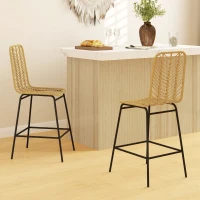 HOMCOM Set of 2 Rattan Barstools Wicker Counter Stools with Steel Legs and Footrest for Dining Room Kitchen Pub Yellow(m-10)