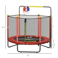 Qaba Kids Trampoline with Net, Basketball Hoop, Horizontal Bar Indoor, Red(m-3)
