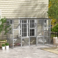 PawHut Large Outdoor Catio with Condos, Platforms, Doors, Ladders, Weather-Resistant Roof, Grey(m-8)