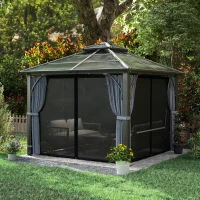 Outsunny 10' x 10' Hardtop Gazebo with 7mm Double Polycarbonate Roof, Outdoor Gazebo with Netting and Curtains(m-8)