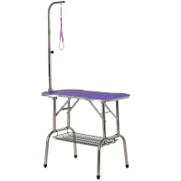 PawHut 37" Foldable Pet Grooming Table Dog Drying Table with Adjustable Arm Non-Slip Rubber Tabletop Aluminium Alloy Edge Stainless Steel Bar Hanging Leash Purple(m-2)