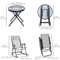 Outsunny 3pc Patio Rocking Chair Set, Folding Outdoor Rocking Chairs and Table Bistro Set w/ Breathable Mesh Seat & Backrest, Headrest for Park, Backyard, Garden, Cream White(m-3)