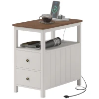 HOMCOM Side Table with Charging Station and USB Ports, Narrow End Table with Drawers, Shelf for Living Room, White(m-1)