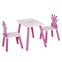 Qaba 3-Piece Set Kids Wooden Table Chair with Crown Pattern Easy to Clean Gift for Girls Toddlers Age 2-4 Years Old Pink(m-11)